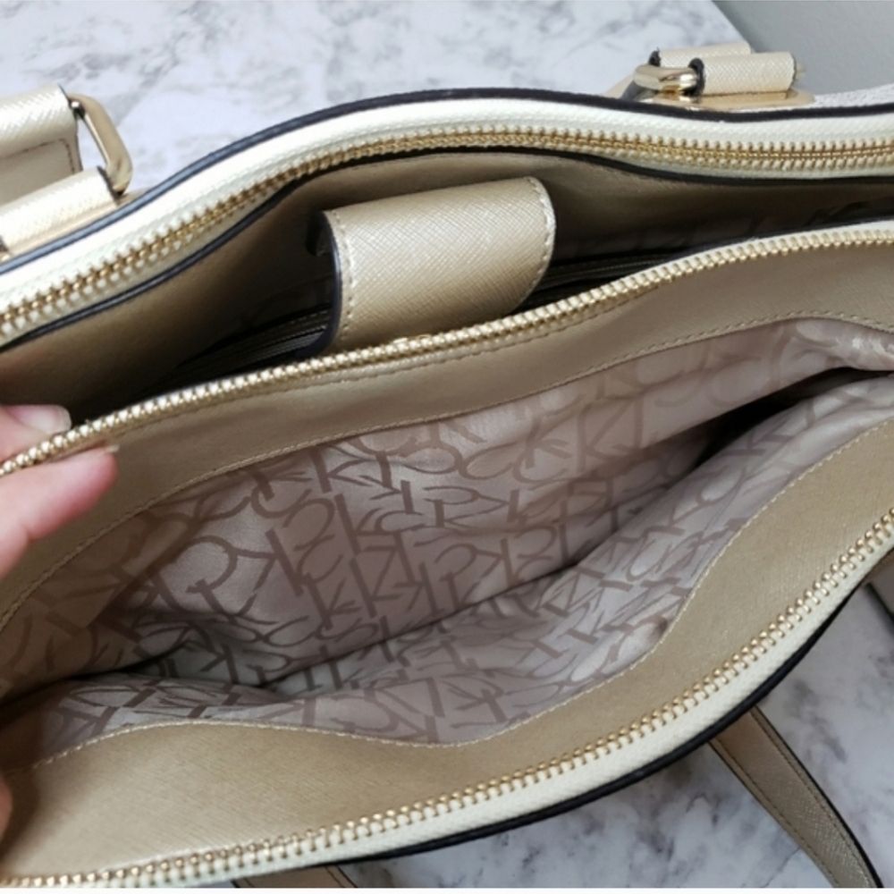 Calvin Klein Large Almond Monogram Satchel - Like New | Metallic Gold & Cream - Picture 12 of 16